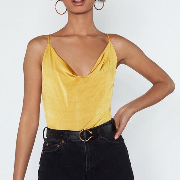 Nasty Gal Yellow Gold Sleeveless Drape Sexy Bodysuit Size 0 XS - Picture 1 of 9